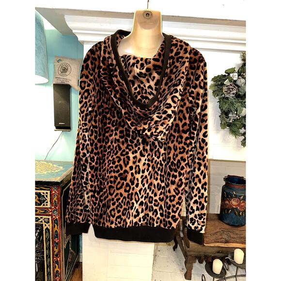 DONNA SALYERS FABULOUS FURS VELVETY LEOPARD HOODIE OVERSIZED PULLOVER M - Picture 2 of 6